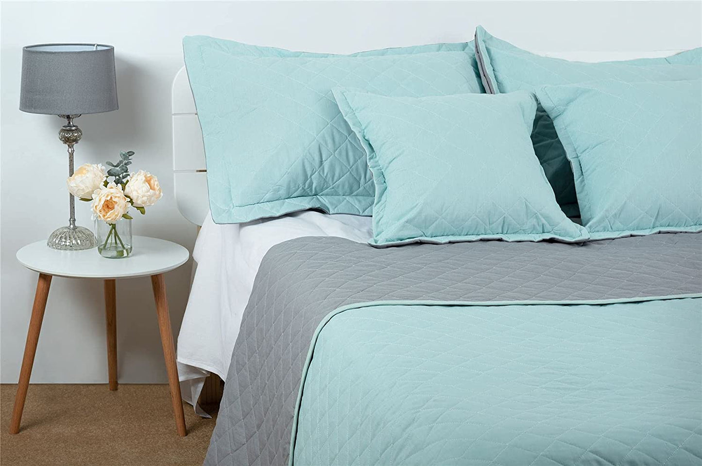 Quilted Bedspread Throw (Set 5 pcs) Cotton Rich Reversible - Teal & Grey