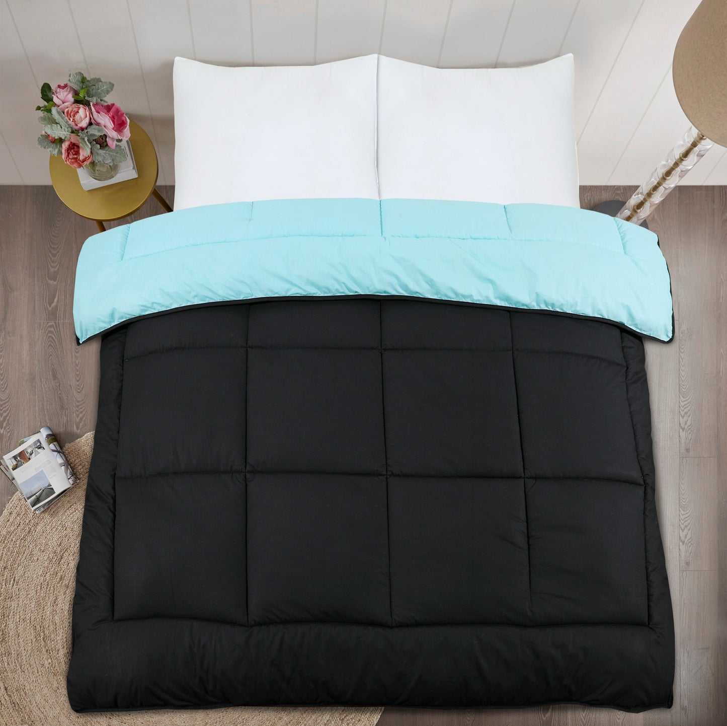 13.5 Tog Box Stitching Reversible Coverless Poly cotton Duvet – Teal & Black