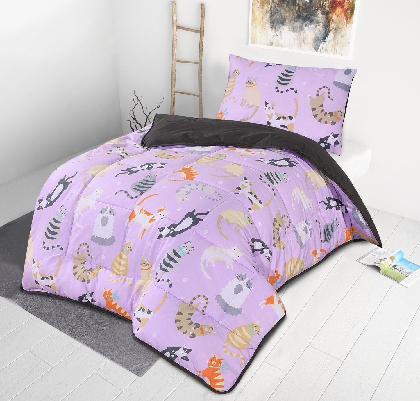 Kids Coverless Printed 7.5 tog Washable Quilt with Pillow Set 120 x 150 cm – Cats Party