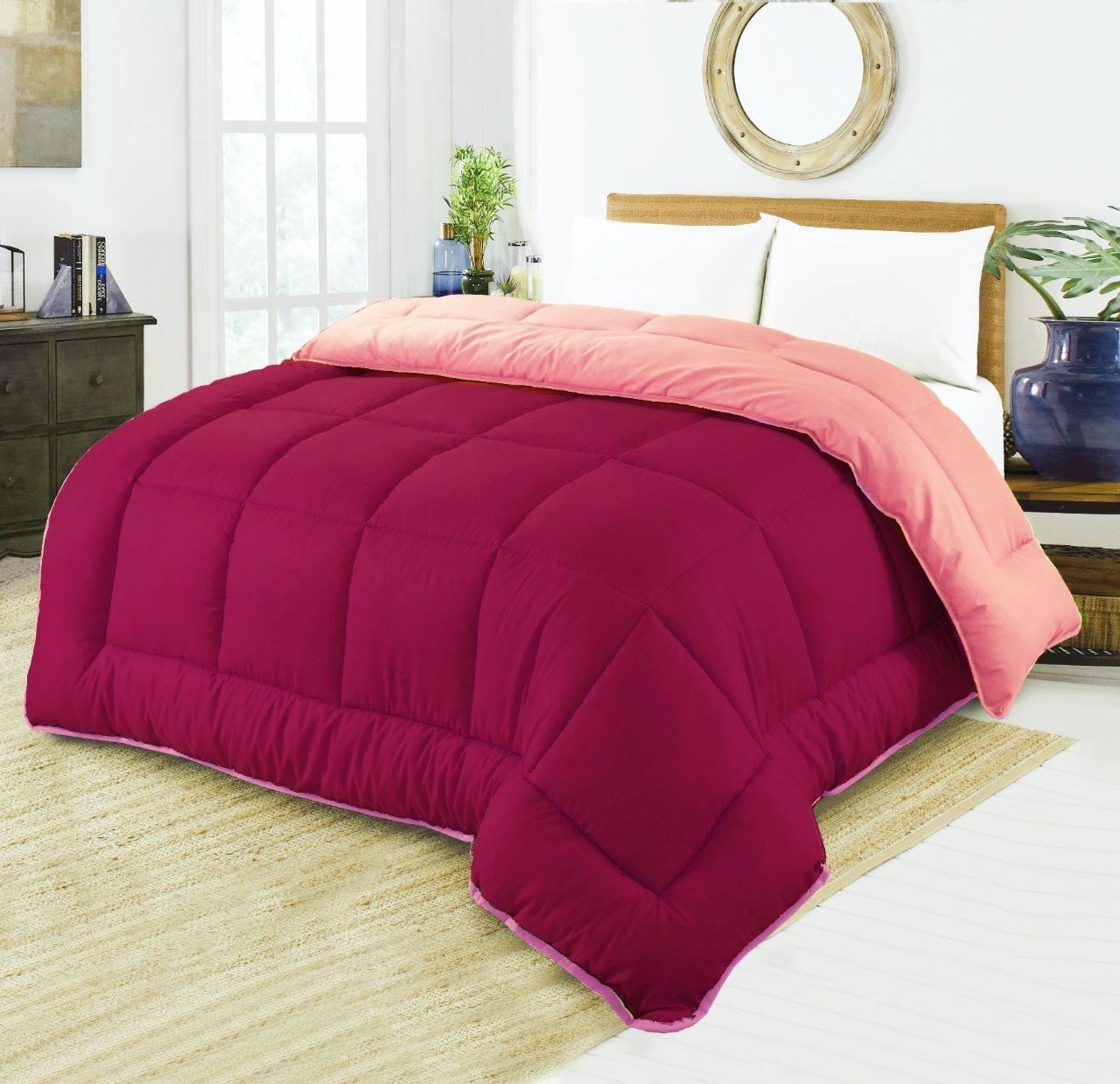 7.5 Tog Box Stitching Reversible Coverless Polycotton Duvet – Pink & Burgundy