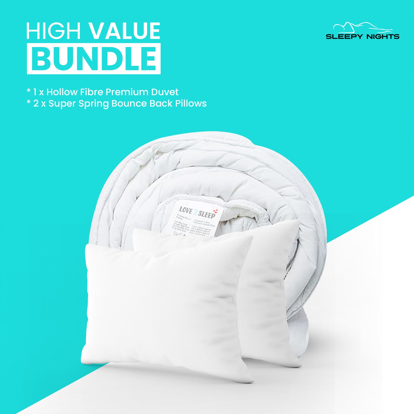 Love2Sleep Value Bundle - 10.5 Tog poly Cotton w/ 2 Bouncy Pillows