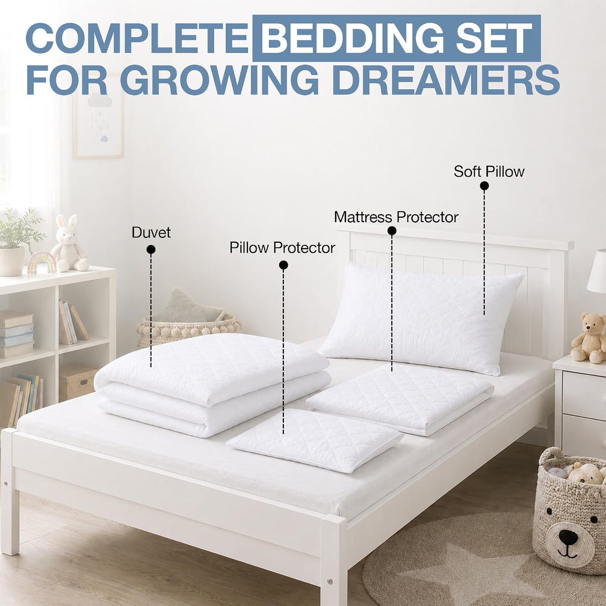 Kids Toddler Bedding Set – Single 10.5 Tog Duvet Bundle and Pillow Set + Mattress Protector + Pillow Protector