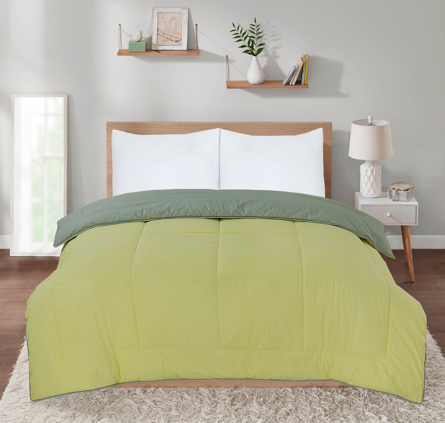 SleepyNights Box Stitching Reversible Coverless Summer Cool Duvet - Smoke Green & Lemon