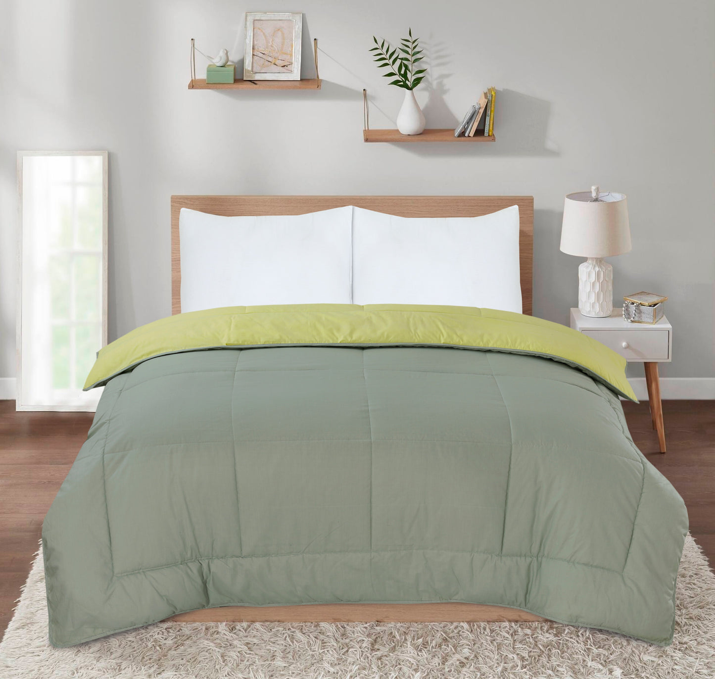 SleepyNights Box Stitching Reversible Coverless Summer Cool Duvet - Smoke Green & Lemon