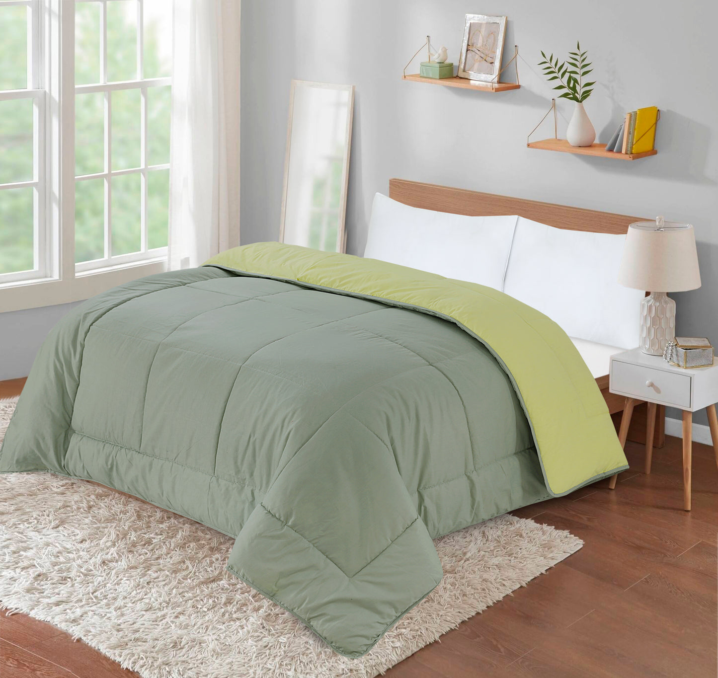 SleepyNights Box Stitching Reversible Coverless Summer Cool Duvet - Smoke Green & Lemon