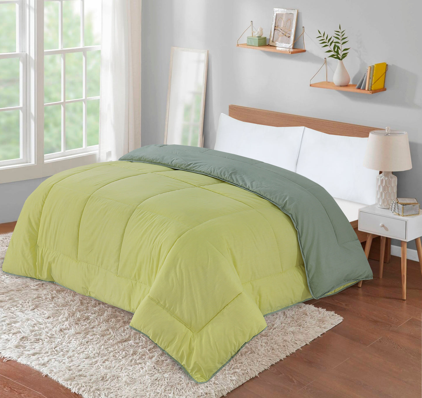SleepyNights Box Stitching Reversible Coverless Summer Cool Duvet - Smoke Green & Lemon