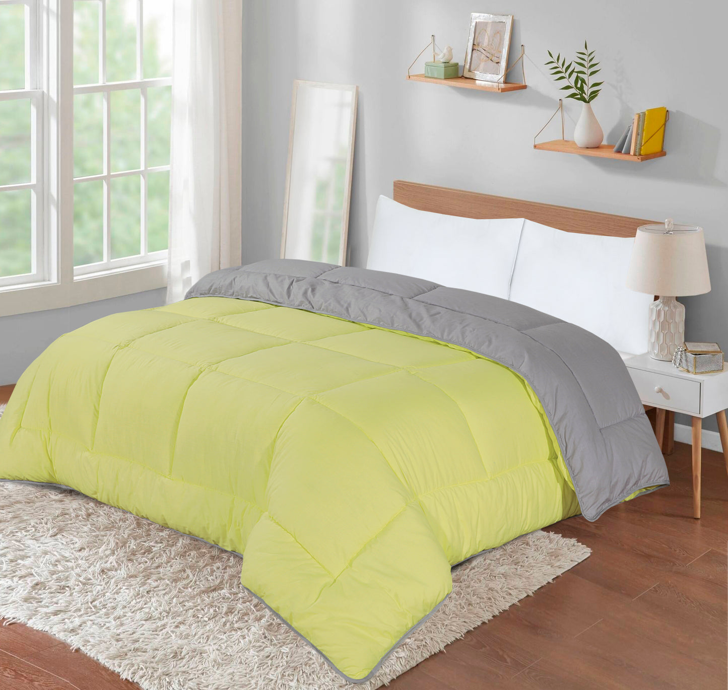 Box Stitching Reversible Coverless Polycotton Duvet – Lemon & Grey