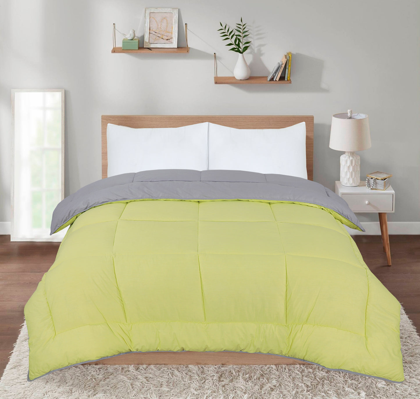 Box Stitching Reversible Coverless Polycotton Duvet – Lemon & Grey