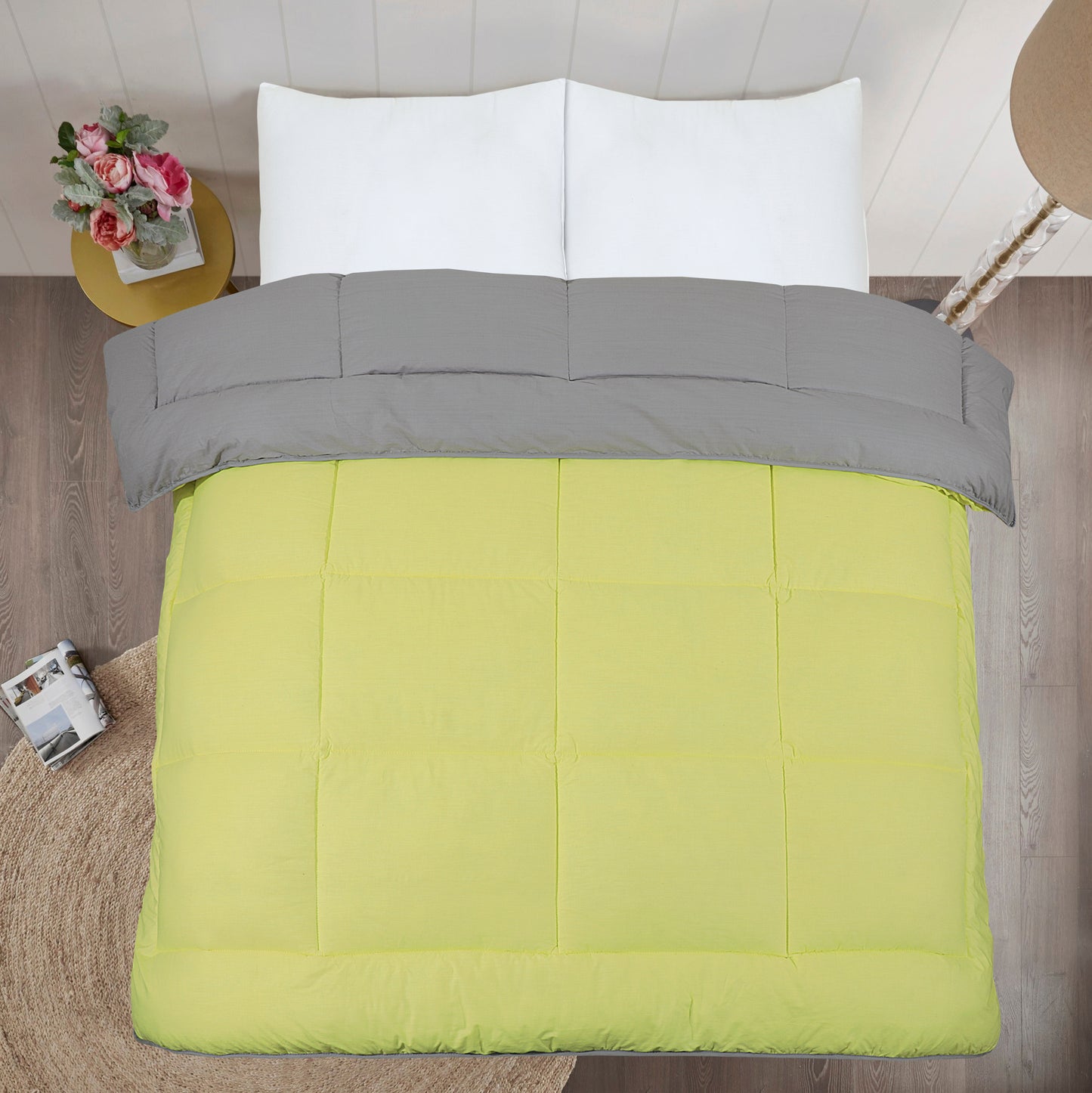 Box Stitching Reversible Coverless Polycotton Duvet – Lemon & Grey