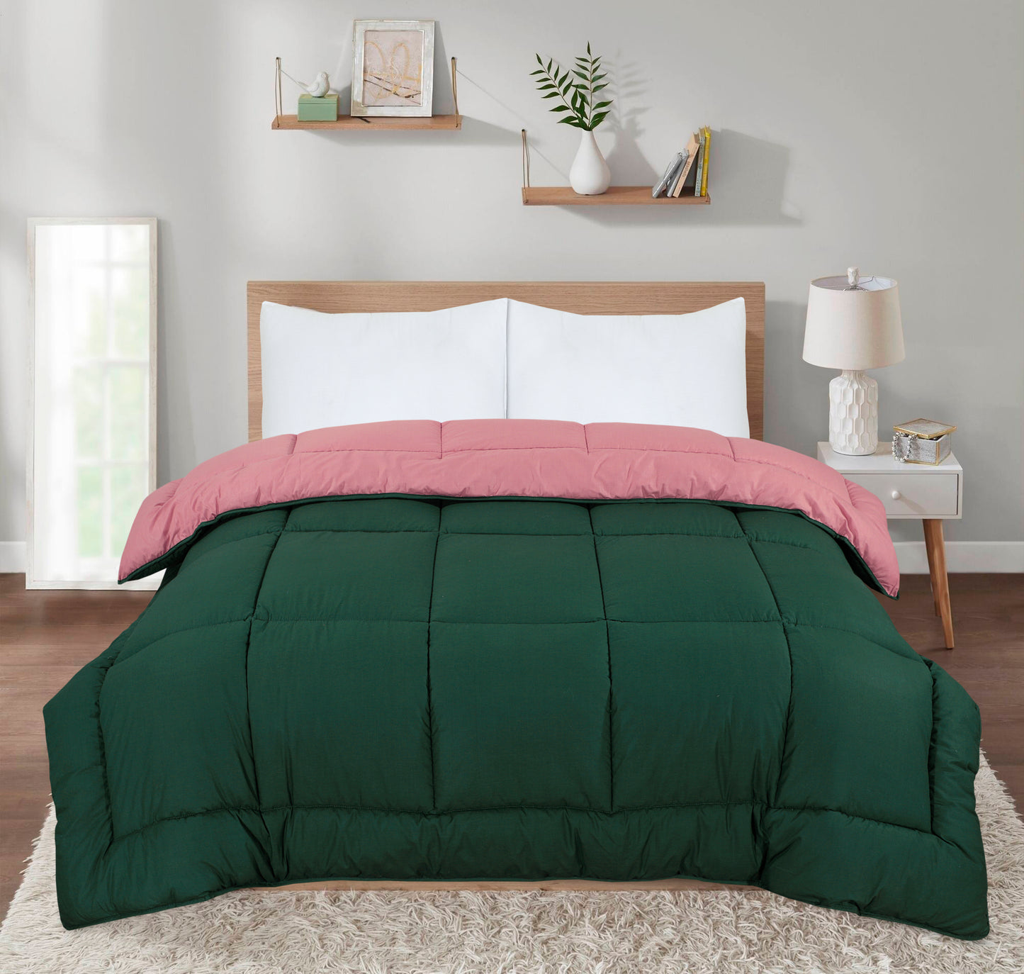 Box Stitching Reversible Coverless Polycotton Duvet – Bottle Green & Dusty Pink