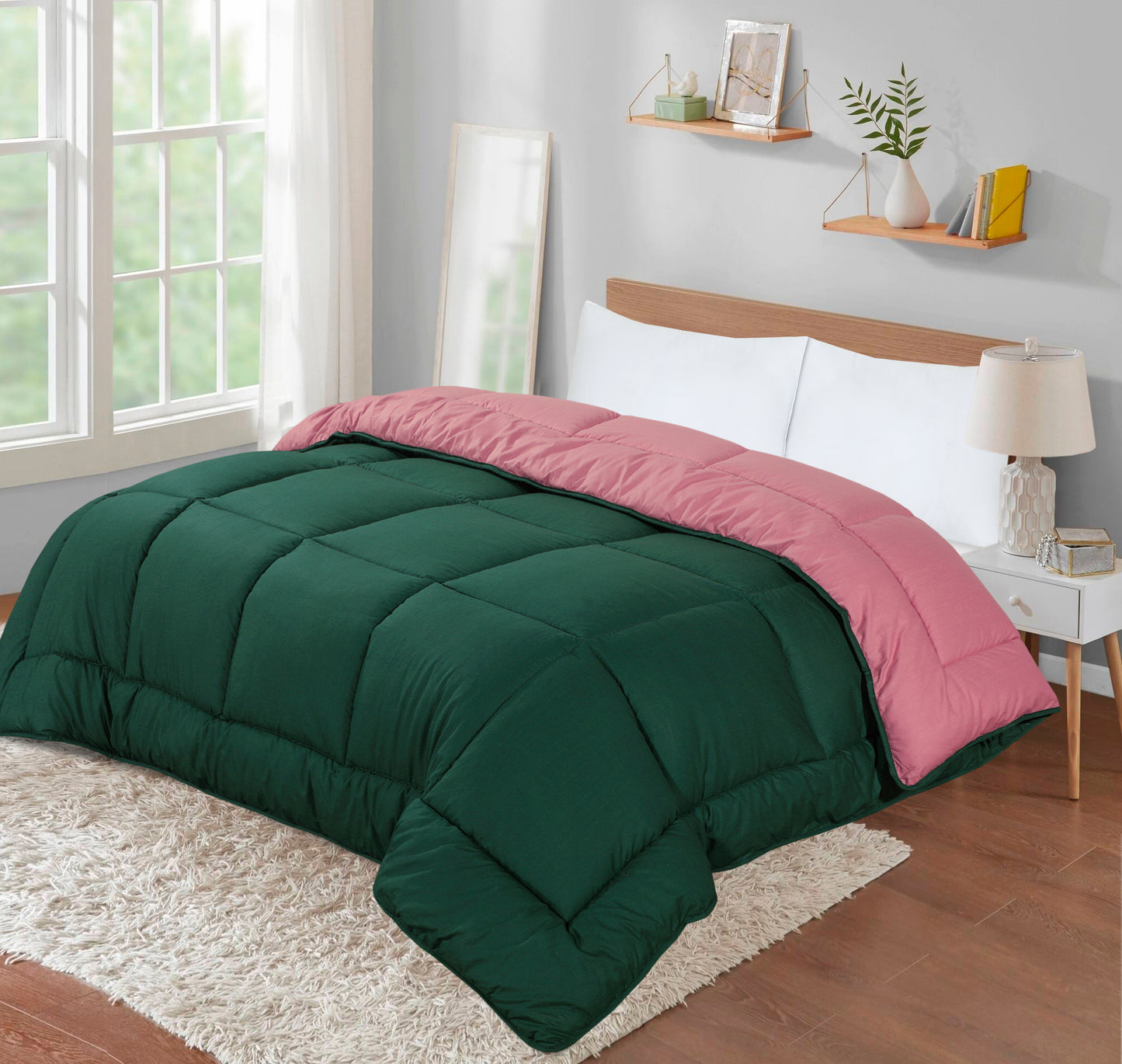 Box Stitching Reversible Coverless Polycotton Duvet – Bottle Green & Dusty Pink