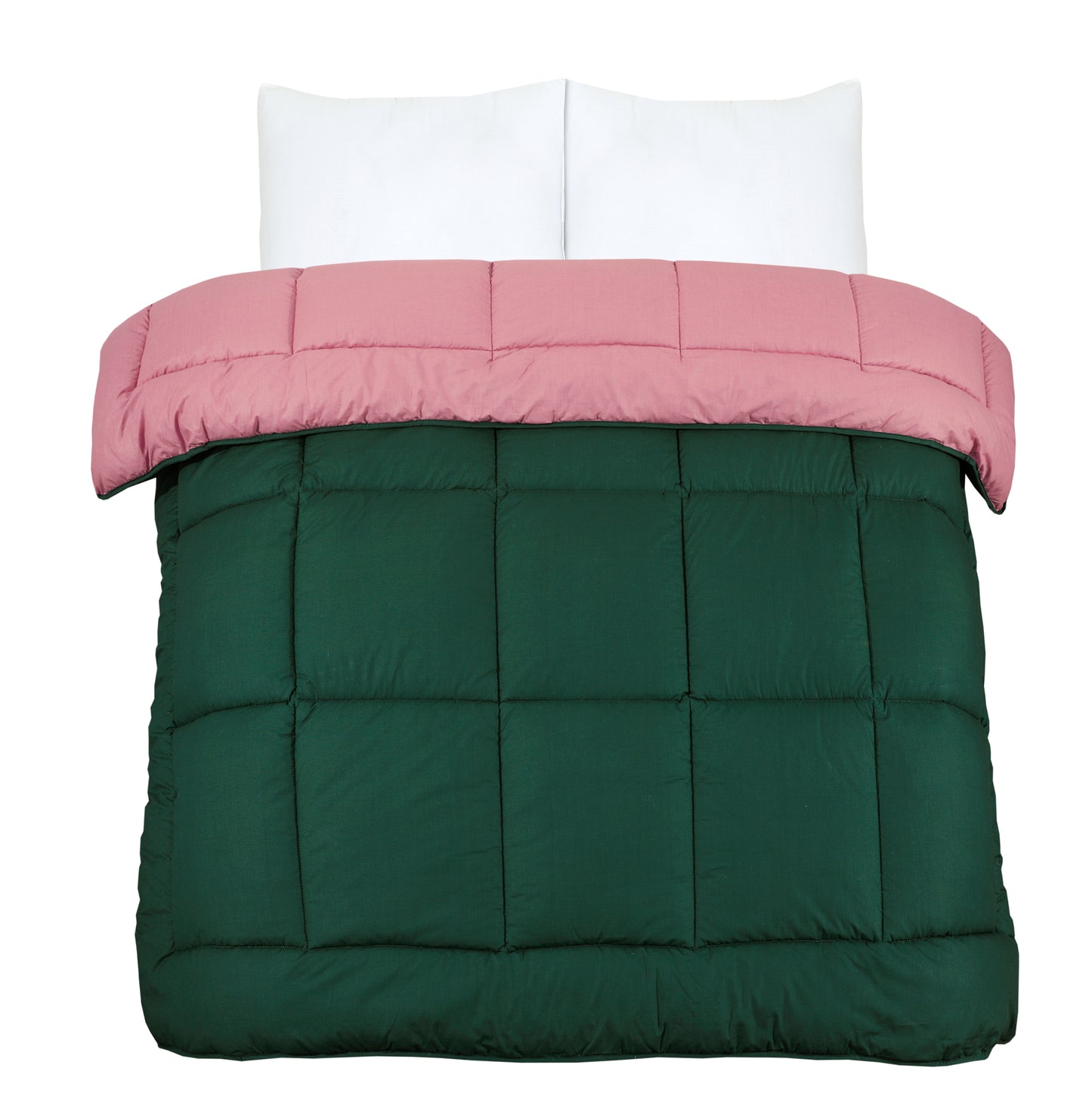 Box Stitching Reversible Coverless Polycotton Duvet – Bottle Green & Dusty Pink