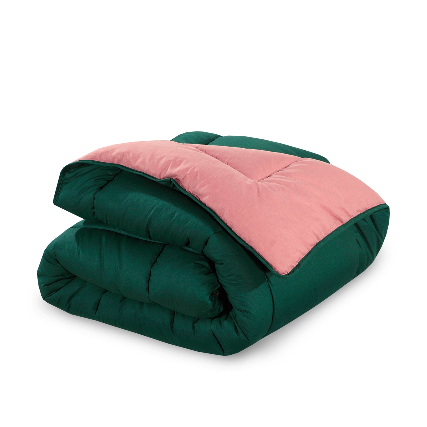 Box Stitching Reversible Coverless Polycotton Duvet – Bottle Green & Dusty Pink