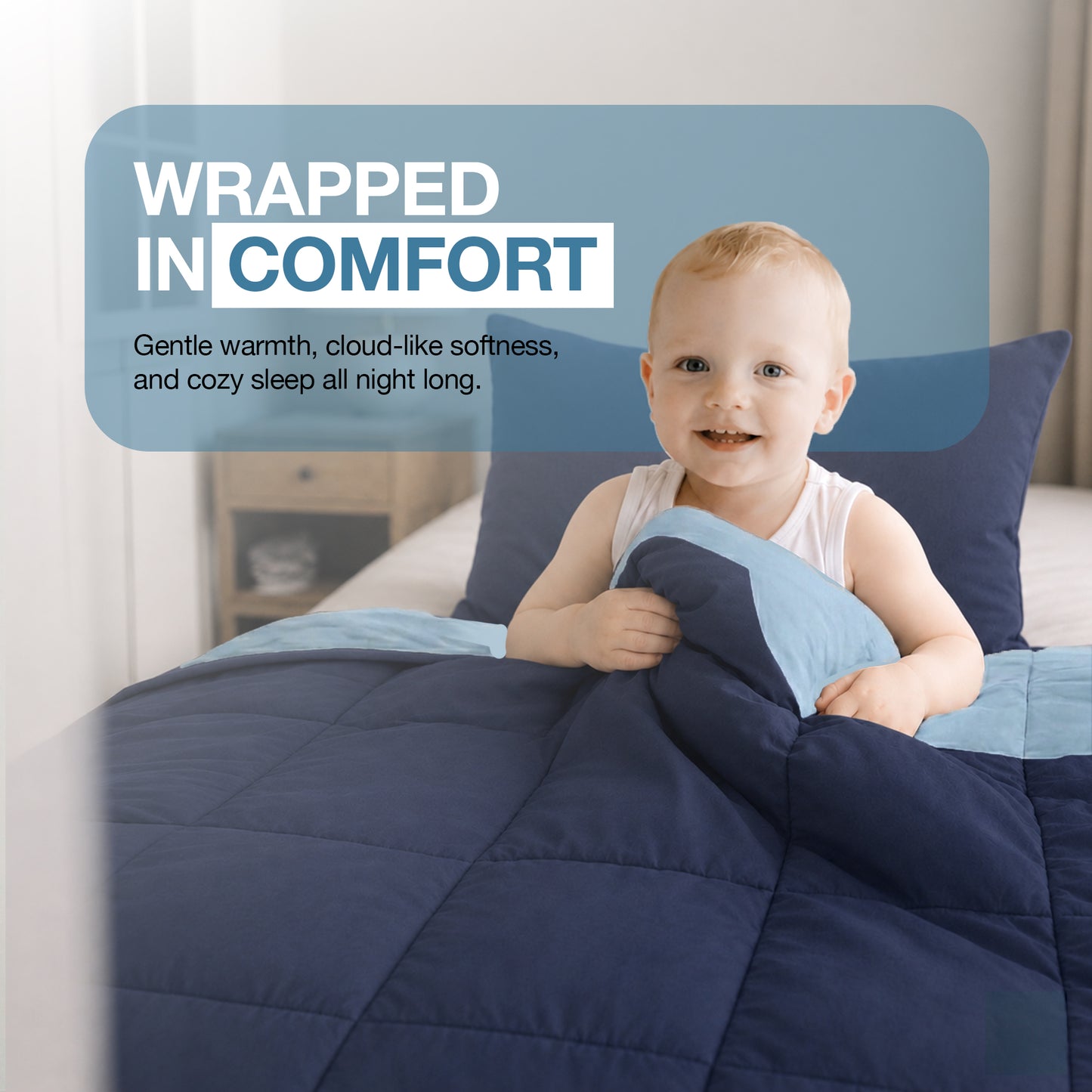 Kids Coverless Printed 7.5 tog Washable Quilt with Pillow Set 120 x 150 cm - Navy & Sky Blue