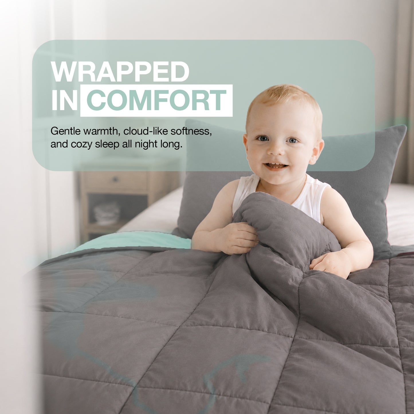 Kids Coverless Printed 7.5 tog Washable Quilt with Pillow Set 120 x 150 cm - Duck Egg and grey