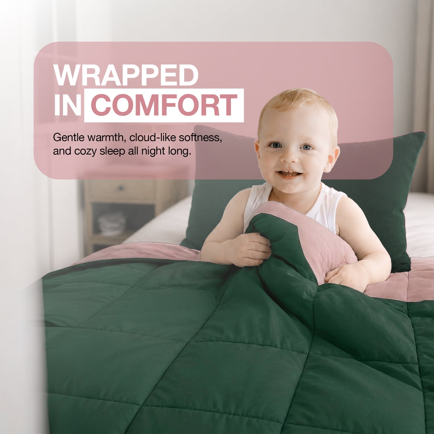 Kids Coverless Printed 7.5 tog Washable Quilt with Pillow Set 120 x 150 cm - Bottle Green & Dusty Pink