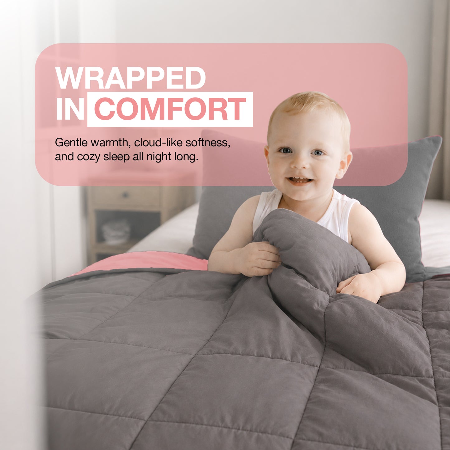 Kids Coverless Printed 7.5 tog Washable Quilt with Matching Pillow Set 120 x 150 cm - Pink & Grey