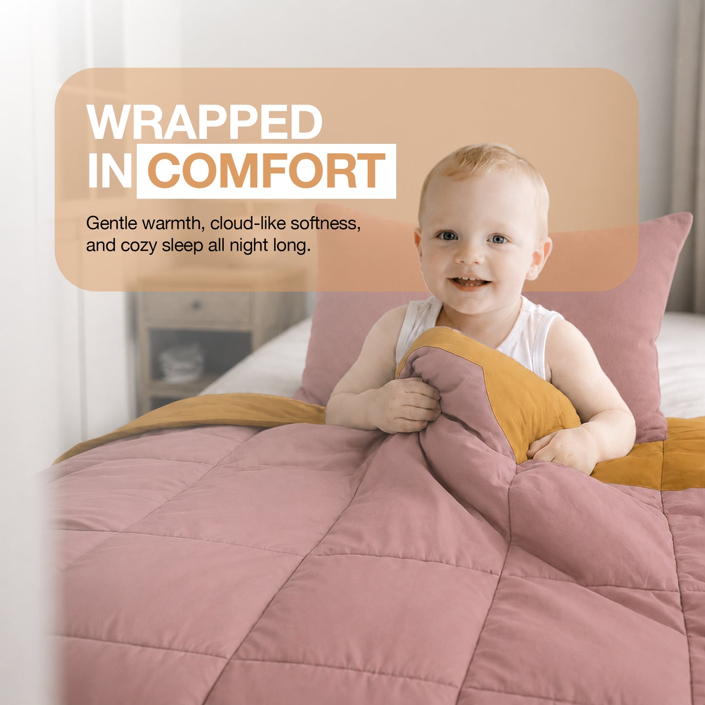 Kids Coverless Printed 7.5 tog Washable Quilt with Pillow Set 120 x 150 cm - Pink & Mustard