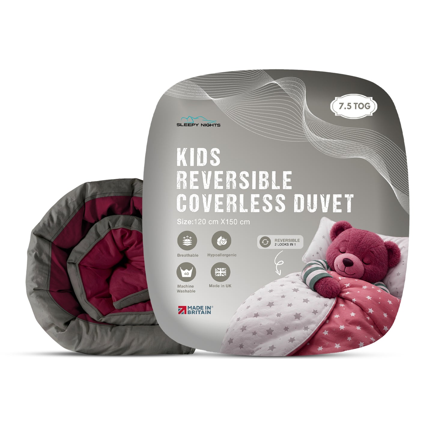 Kids Coverless Printed 7.5 tog Washable Quilt with Pillow Set 120 x 150 cm - Burgundy & Grey