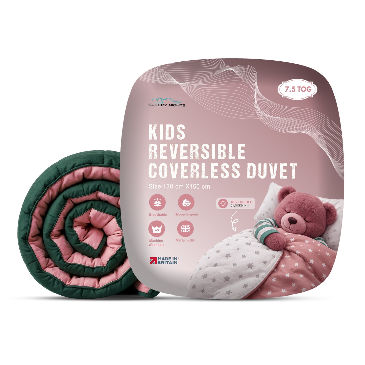 Kids Coverless Printed 7.5 tog Washable Quilt with Pillow Set 120 x 150 cm - Bottle Green & Dusty Pink