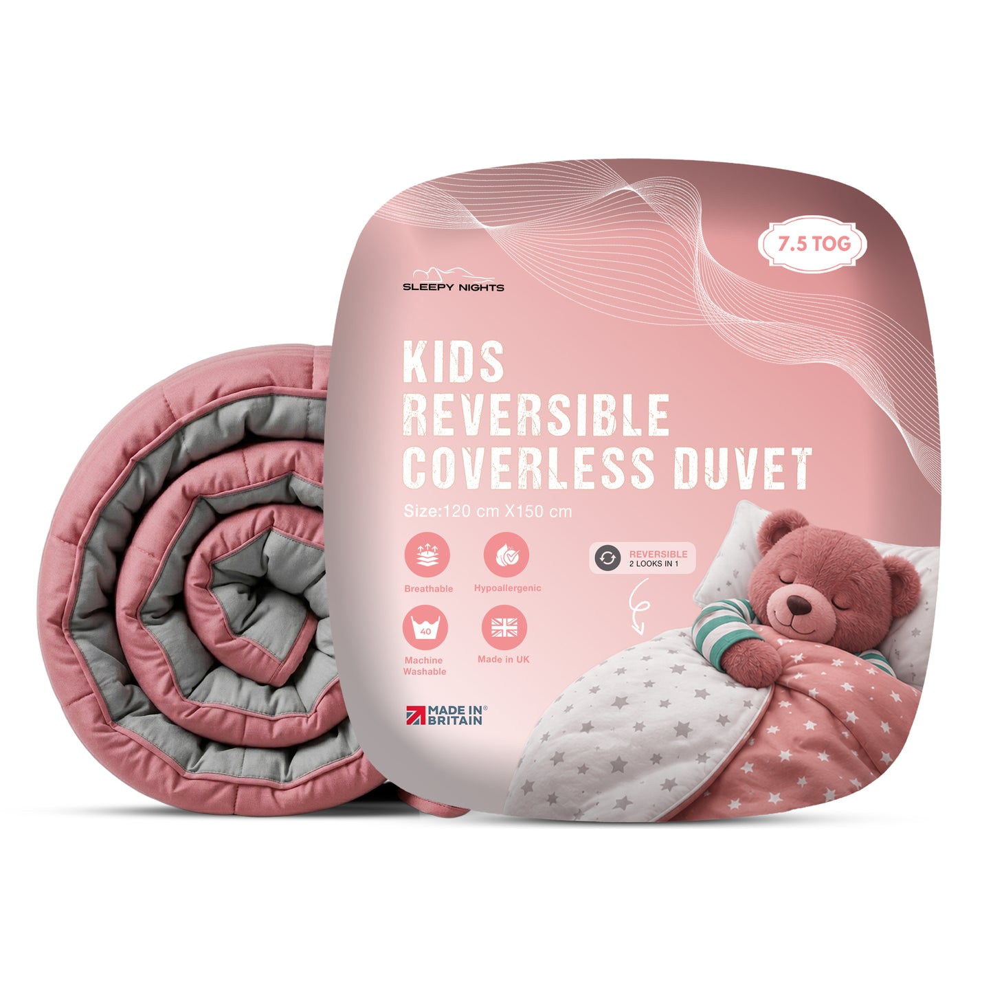 Kids Coverless Printed 7.5 tog Washable Quilt with Matching Pillow Set 120 x 150 cm - Pink & Grey
