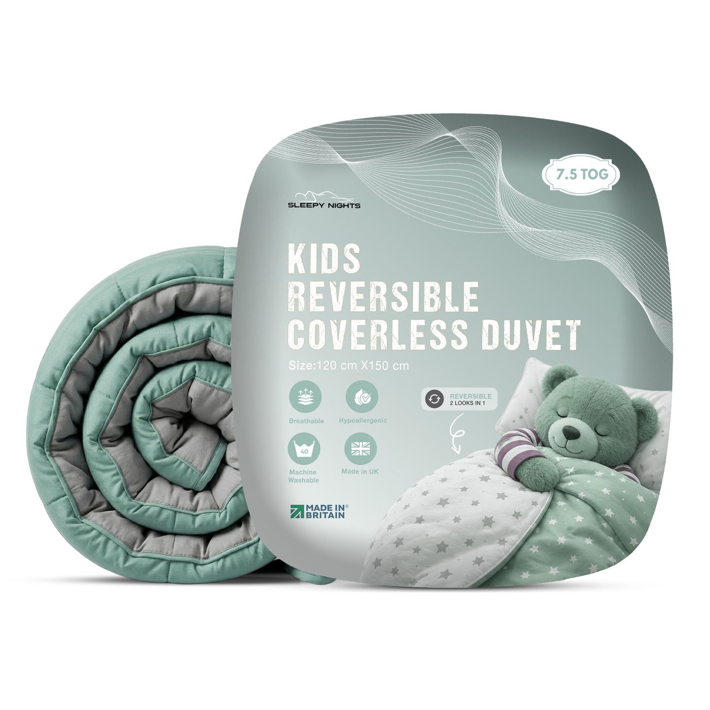 Kids Coverless Printed 7.5 tog Washable Quilt with Pillow Set 120 x 150 cm - Duck Egg and grey