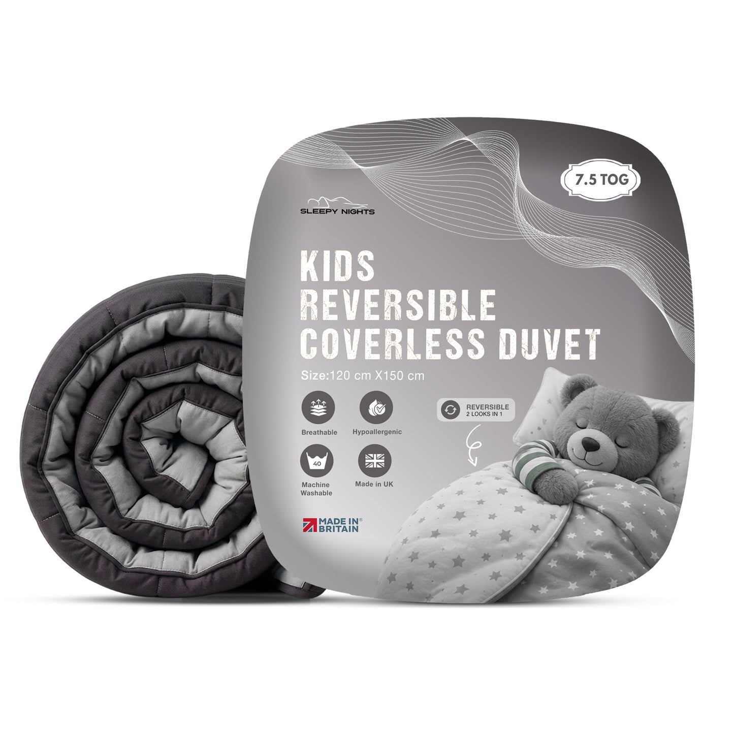 Kids Coverless Printed 7.5 tog Washable Quilt with Pillow Set 120 x 150 cm - Charcoal & Grey
