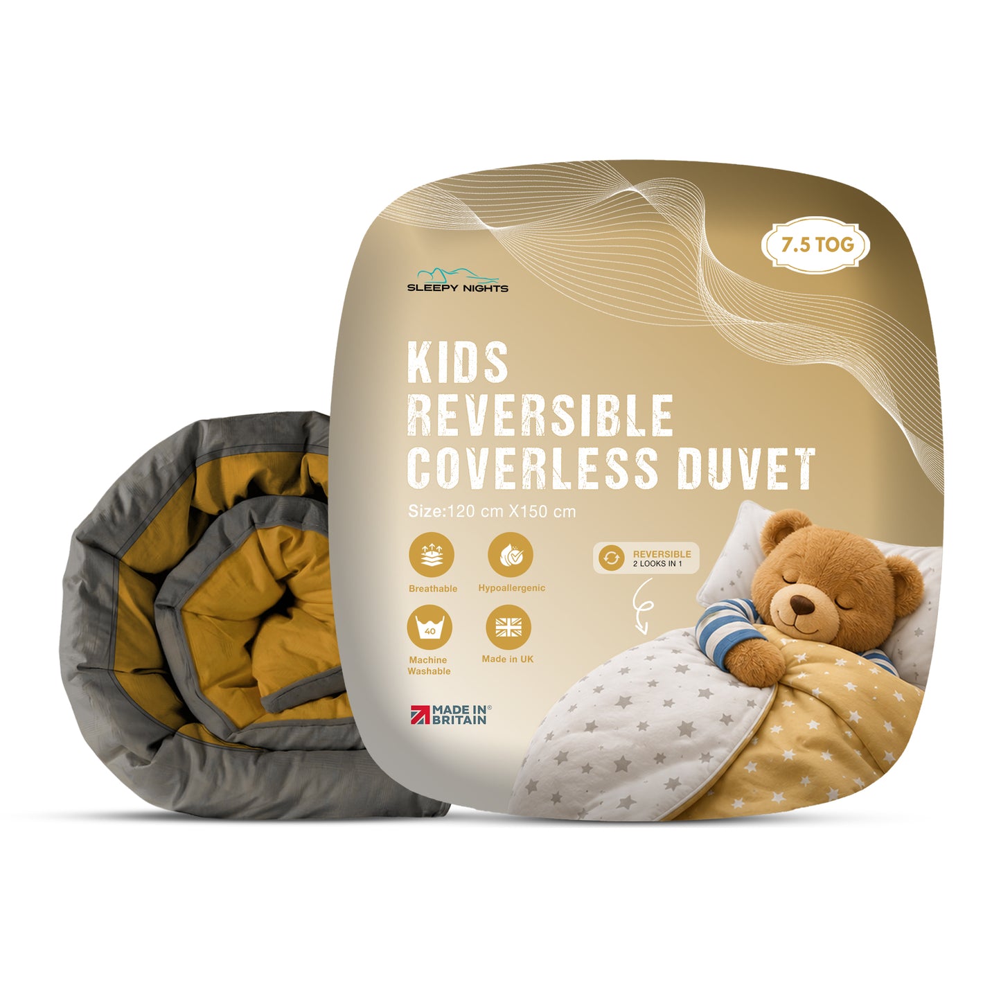 Kids Coverless Printed 7.5 tog Washable Quilt with Pillow Set 120 x 150 cm - Mustard & Grey