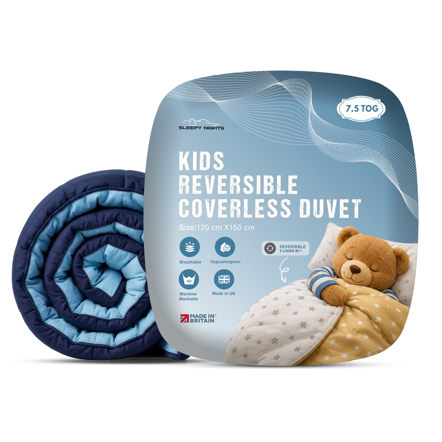 Kids Coverless Printed 7.5 tog Washable Quilt with Pillow Set 120 x 150 cm - Navy & Sky Blue