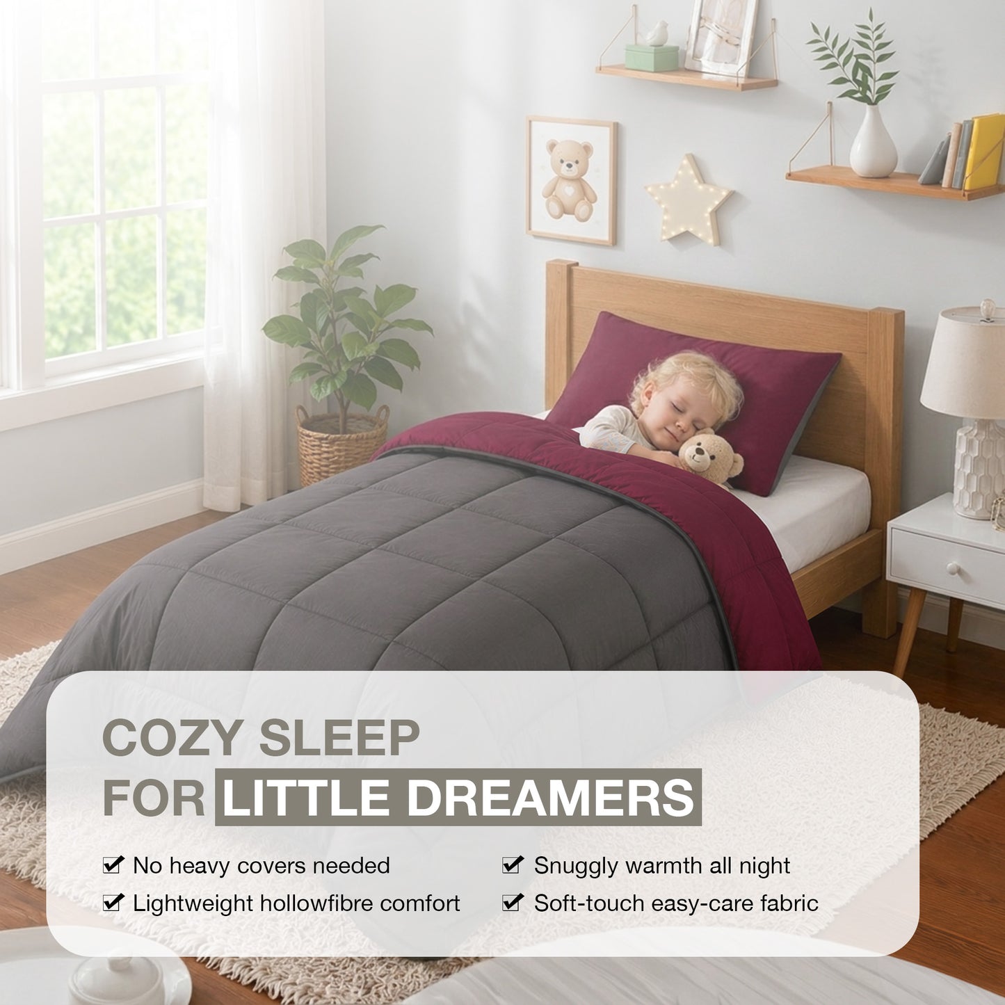 Kids Coverless Printed 7.5 tog Washable Quilt with Pillow Set 120 x 150 cm - Burgundy & Grey