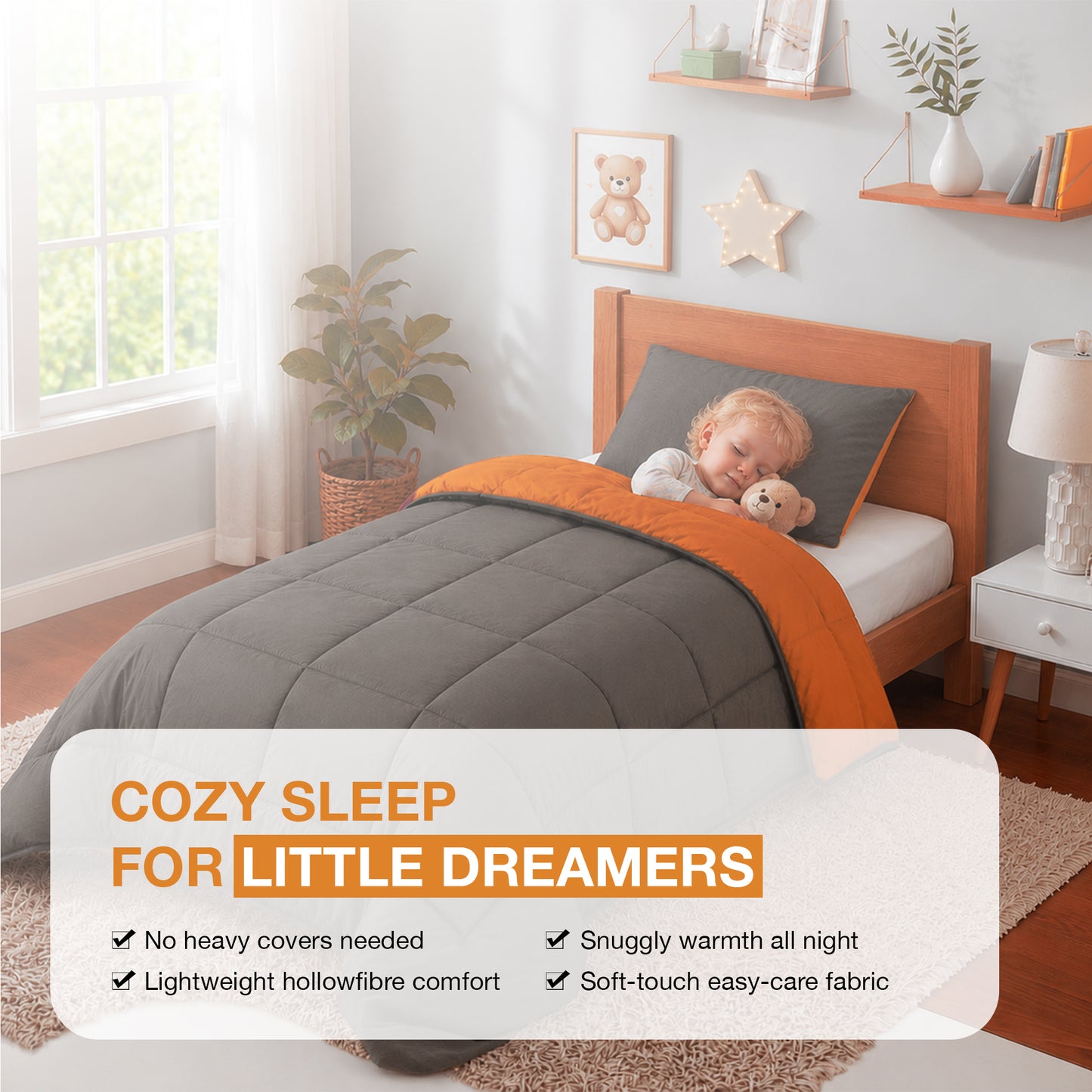 Kids Coverless Printed 7.5 tog Washable Quilt with Pillow Set 120 x 150 cm - Orange & Grey