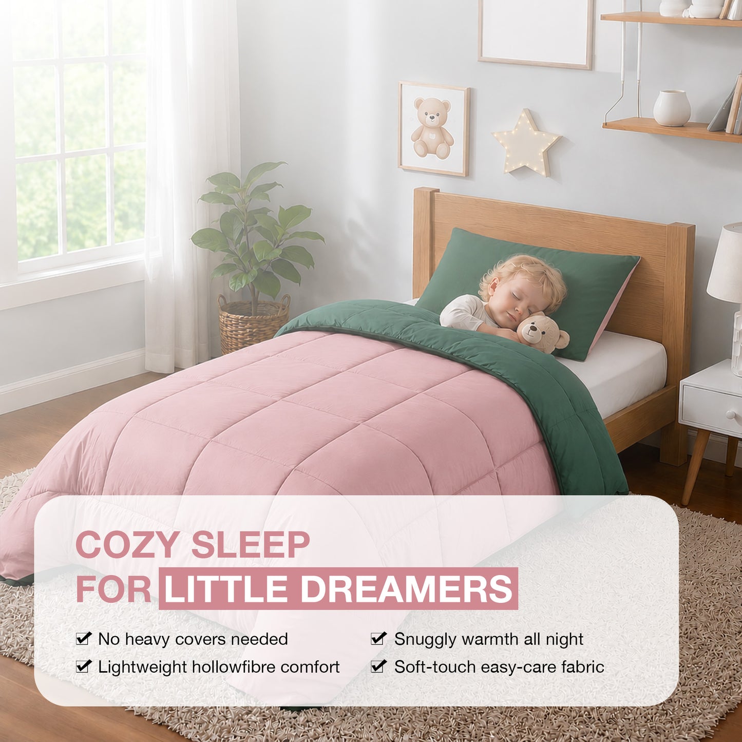 Kids Coverless Printed 7.5 tog Washable Quilt with Pillow Set 120 x 150 cm - Bottle Green & Dusty Pink