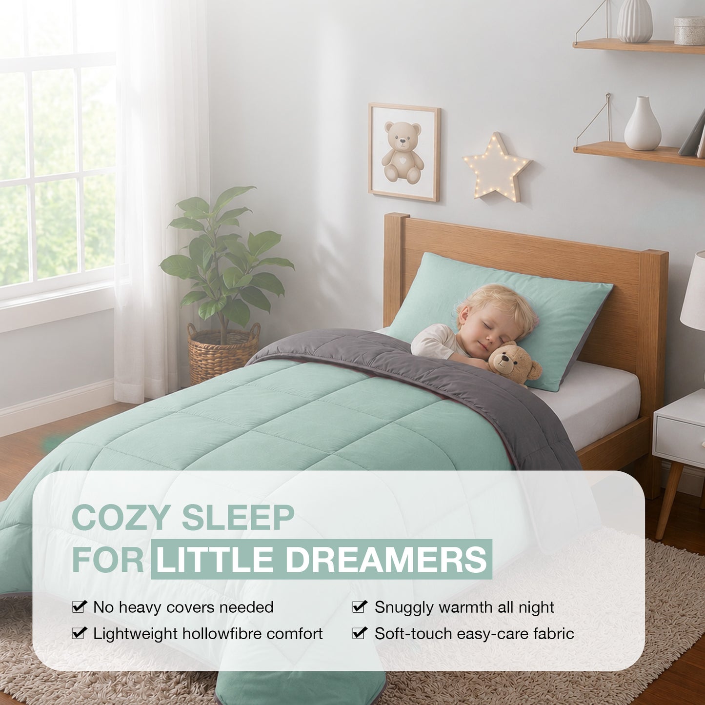 Kids Coverless Printed 7.5 tog Washable Quilt with Pillow Set 120 x 150 cm - Duck Egg and grey