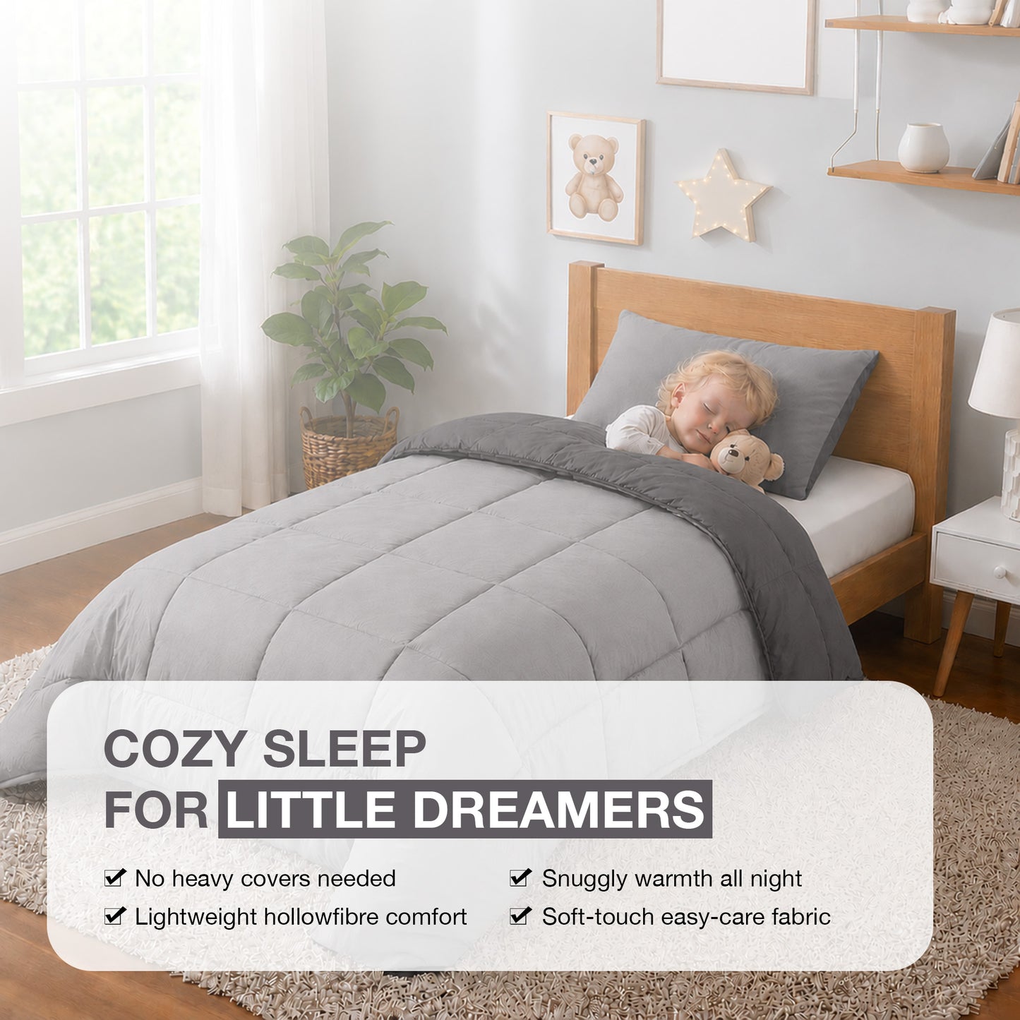 Kids Coverless Printed 7.5 tog Washable Quilt with Pillow Set 120 x 150 cm - Charcoal & Grey