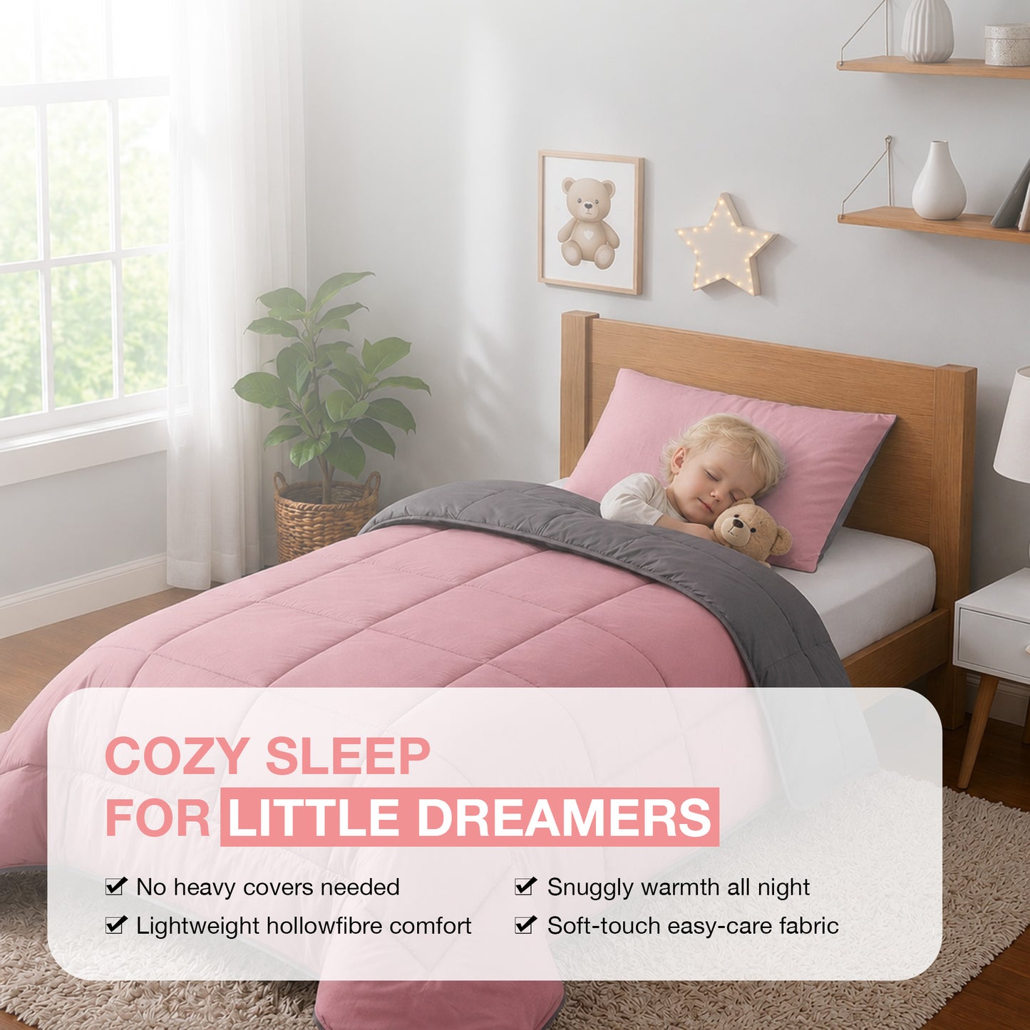 Kids Coverless Printed 7.5 tog Washable Quilt with Matching Pillow Set 120 x 150 cm - Pink & Grey