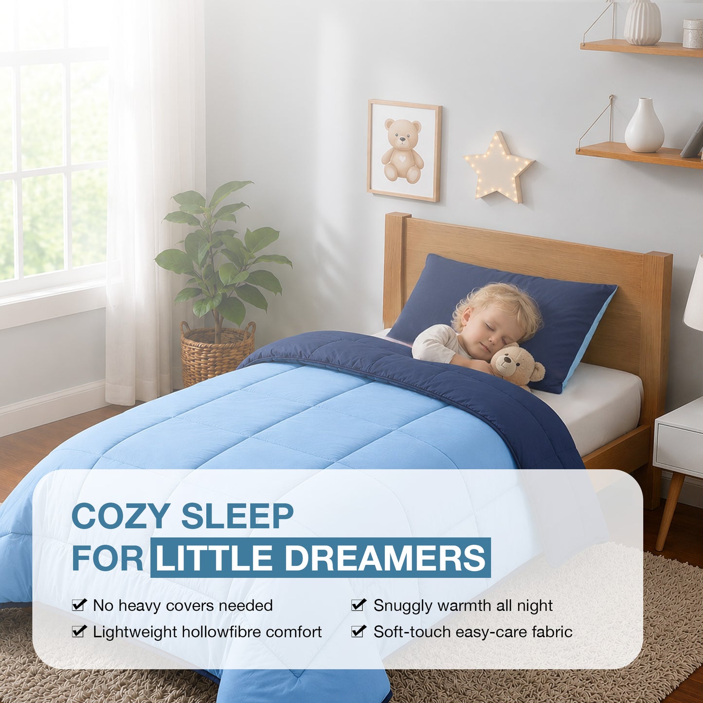 Kids Coverless Printed 7.5 tog Washable Quilt with Pillow Set 120 x 150 cm - Navy & Sky Blue