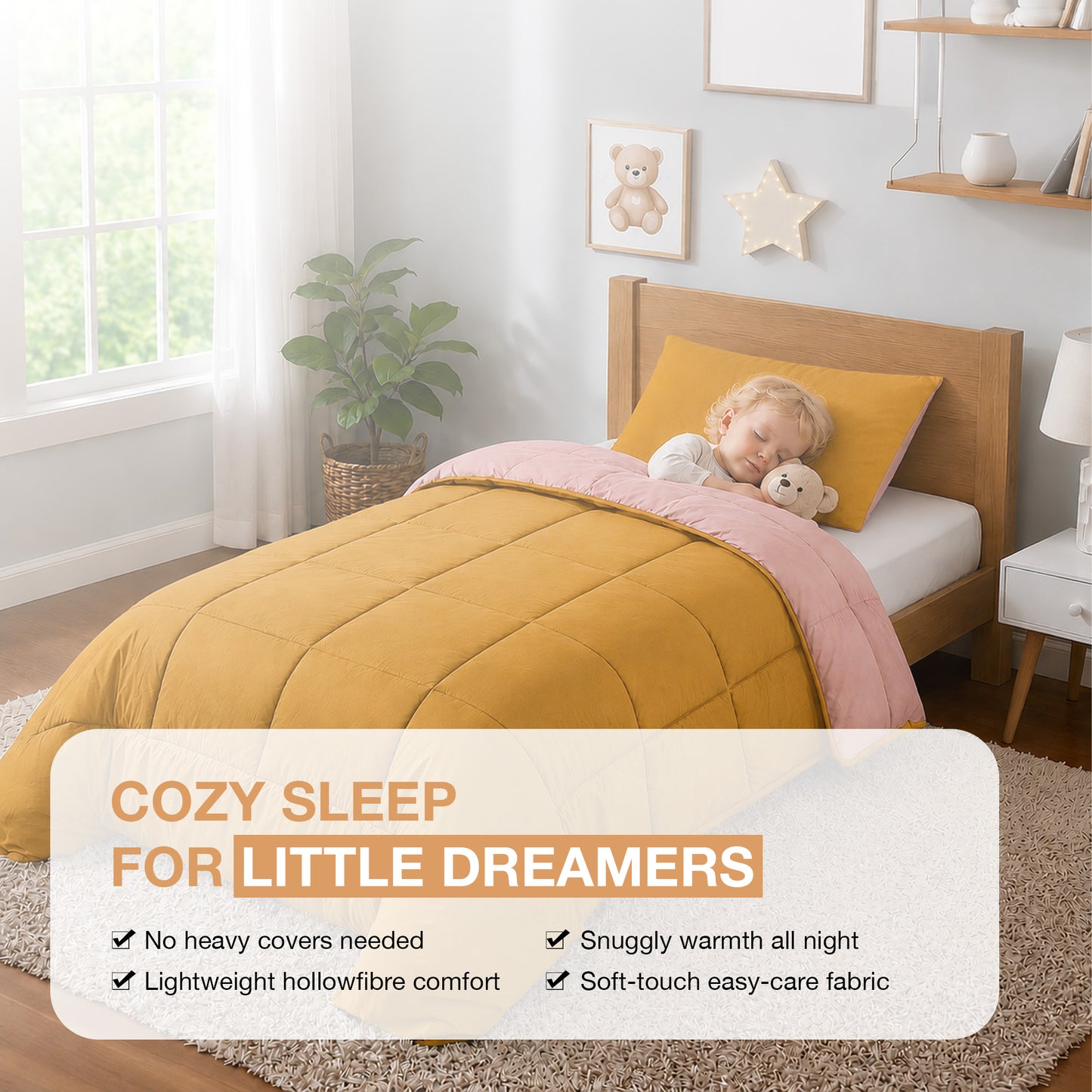 Kids Coverless Printed 7.5 tog Washable Quilt with Pillow Set 120 x 150 cm - Pink & Mustard