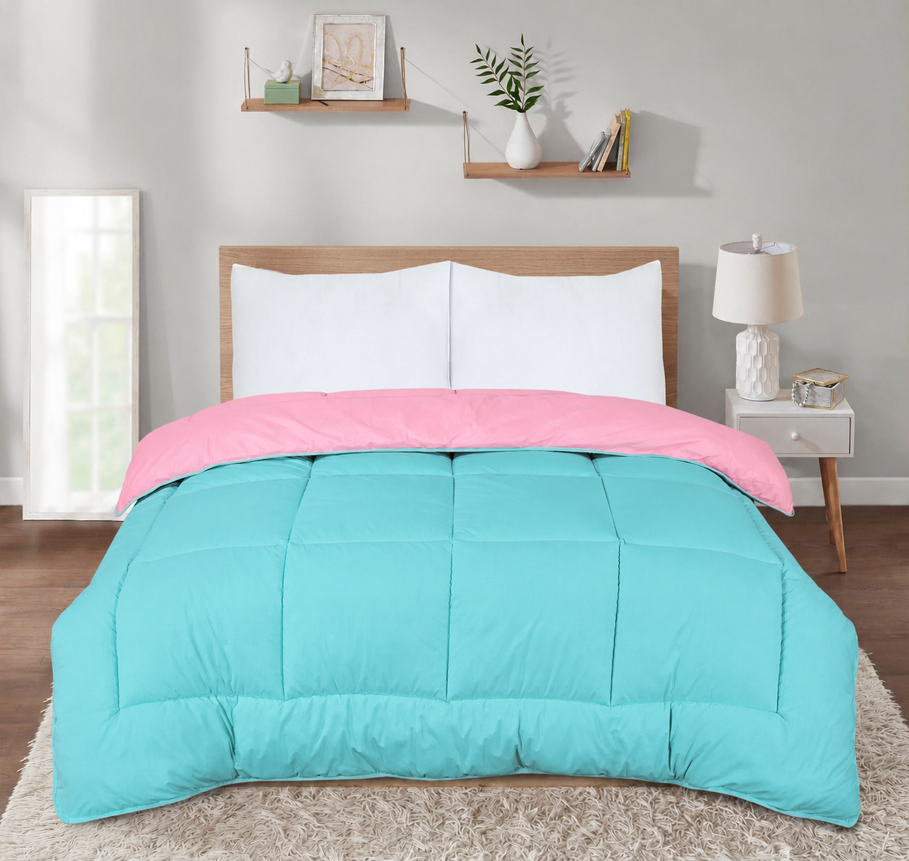 7.5 Tog Box Stitching Reversible Coverless Poly cotton Duvet – Pink & Teal
