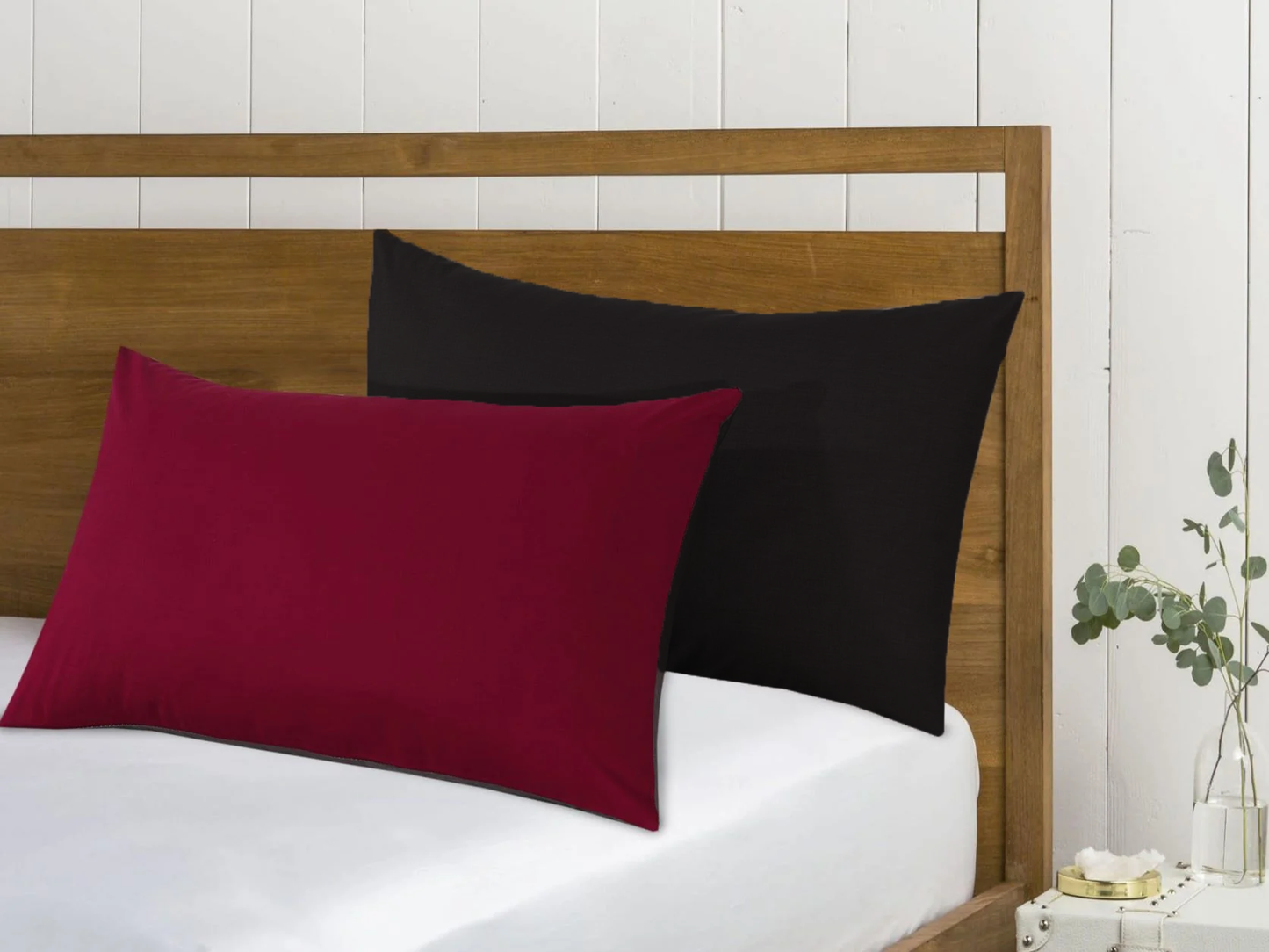 SleepyNights Reversible Polycotton Housewife Pillowcases Pillow Covers Pair - Burgundy & Black