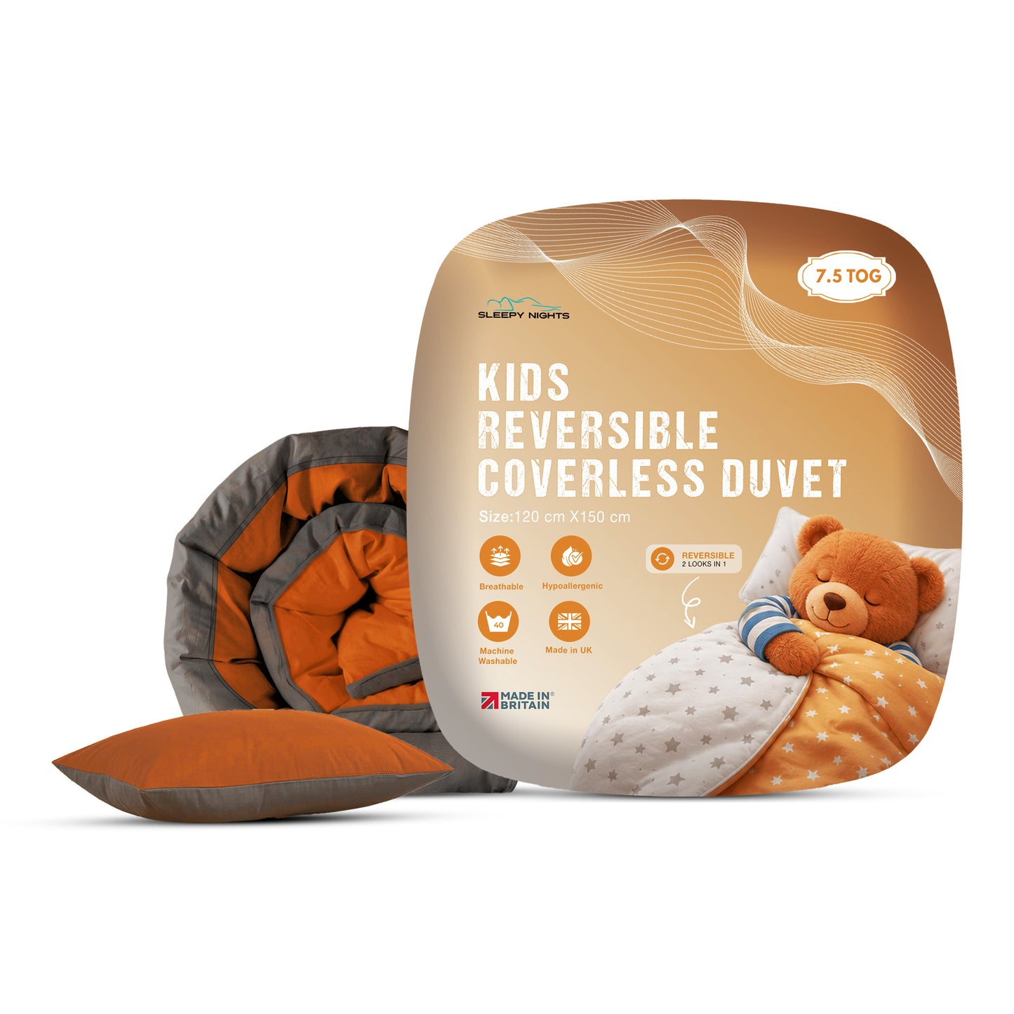 Kids Coverless Printed 7.5 tog Washable Quilt with Pillow Set 120 x 150 cm - Orange & Grey