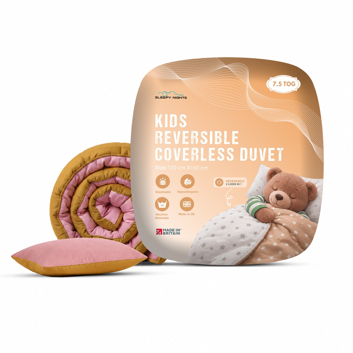 Kids Coverless Printed 7.5 tog Washable Quilt with Pillow Set 120 x 150 cm - Pink & Mustard