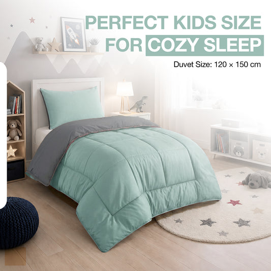 Kids Coverless Printed 7.5 tog Washable Quilt with Pillow Set 120 x 150 cm - Duck Egg and grey