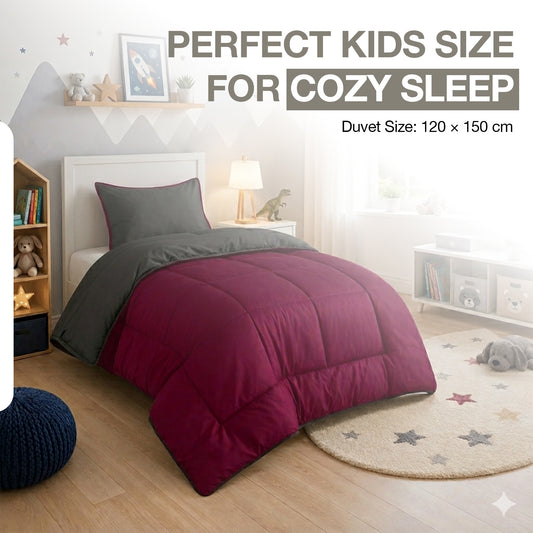 Kids Coverless Printed 7.5 tog Washable Quilt with Pillow Set 120 x 150 cm - Burgundy & Grey