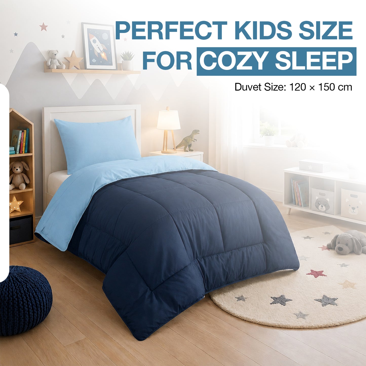 Kids Coverless Printed 7.5 tog Washable Quilt with Pillow Set 120 x 150 cm - Navy & Sky Blue