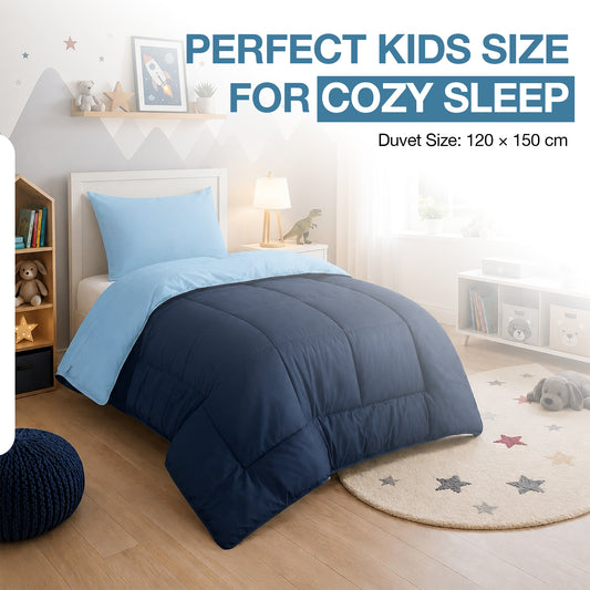 Kids Coverless Printed 7.5 tog Washable Quilt with Pillow Set 120 x 150 cm - Navy & Sky Blue