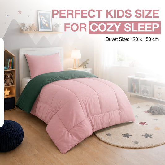 Kids Coverless Printed 7.5 tog Washable Quilt with Pillow Set 120 x 150 cm - Bottle Green & Dusty Pink