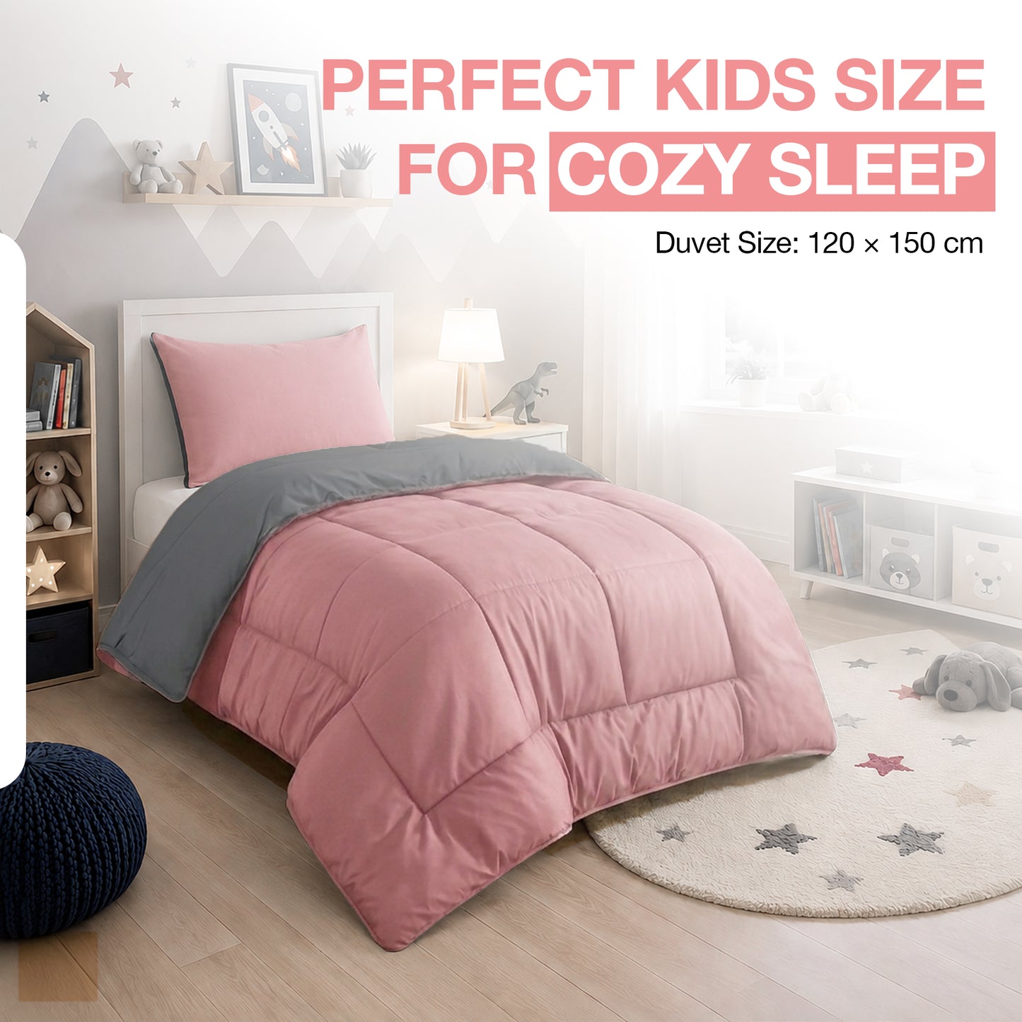 Kids Coverless Printed 7.5 tog Washable Quilt with Matching Pillow Set 120 x 150 cm - Pink & Grey