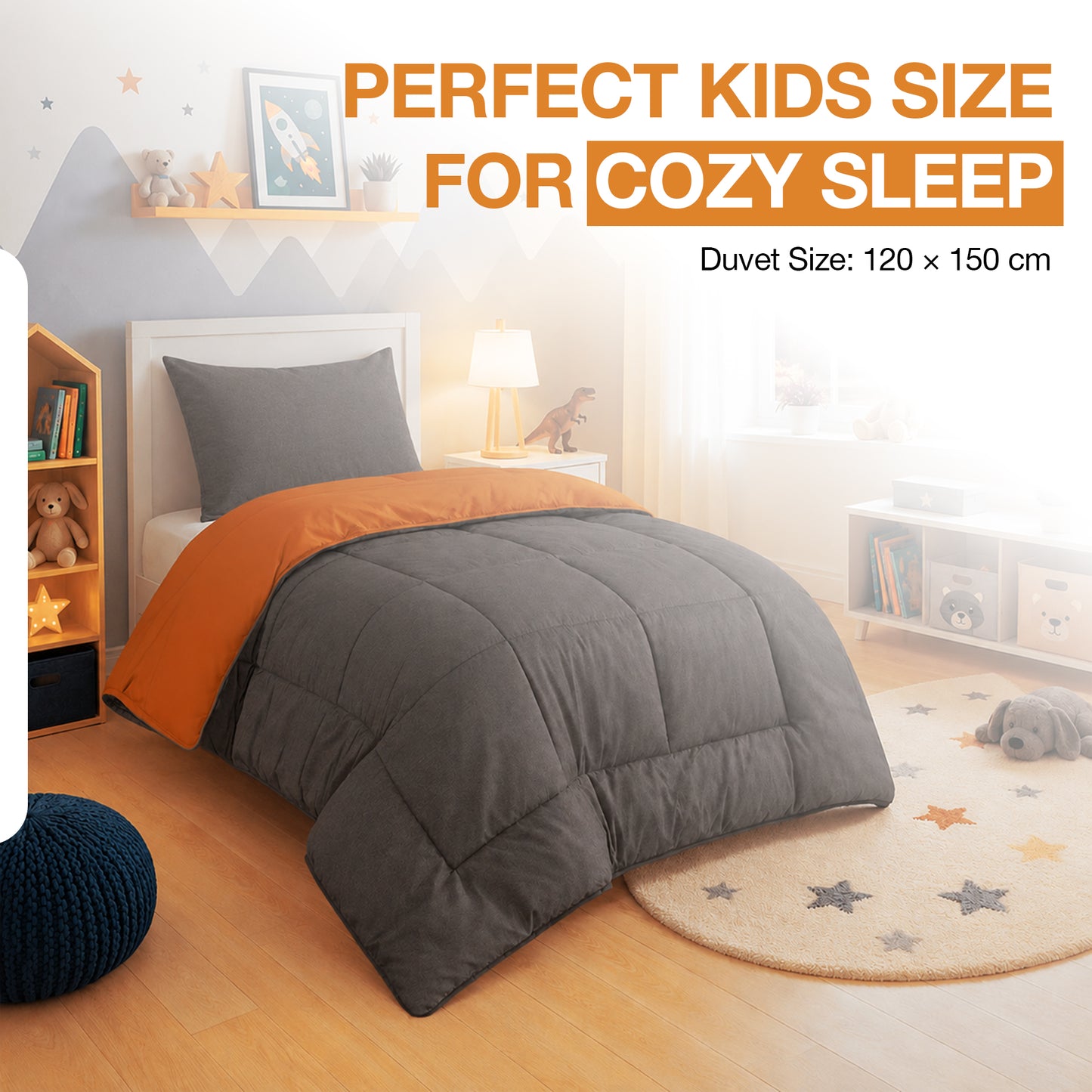 Kids Coverless Printed 7.5 tog Washable Quilt with Pillow Set 120 x 150 cm - Orange & Grey