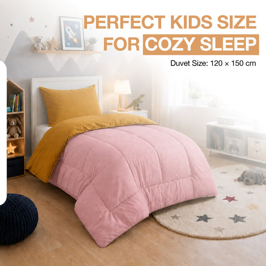 Kids Coverless Printed 7.5 tog Washable Quilt with Pillow Set 120 x 150 cm - Pink & Mustard