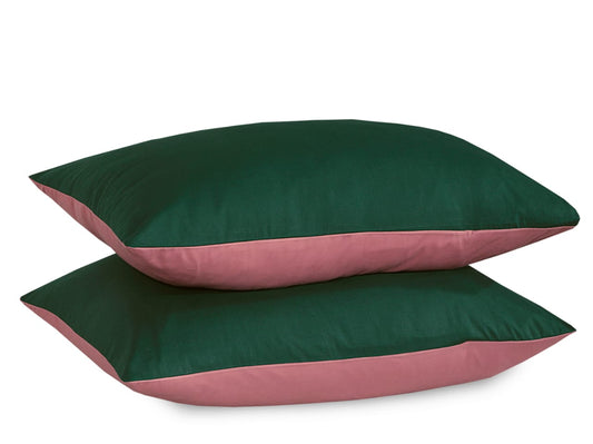 Reversible Poly Cotton Housewife Pillowcases (Pair) - Bottle Green & Dusty Pink